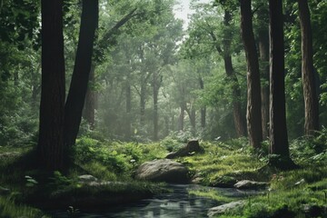Obraz premium A serene scene of a stream flowing through a dense and vibrant forest