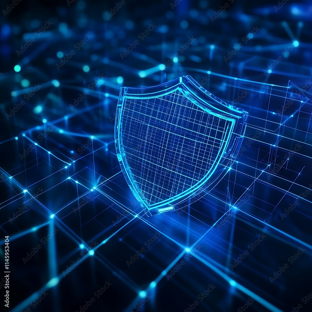Poster digital shield concept with wireframe design and futuristic cybersecurity theme in blue light backgr