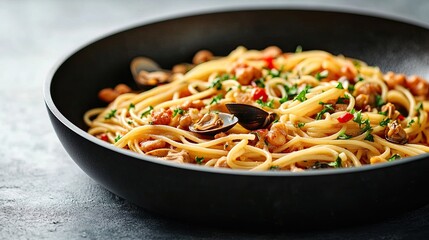 Spaghetti alle Vongole: seafood pasta with clams in a frying pan on concrete background, showcasing Italian cuisine at its finest for pasta lovers.
