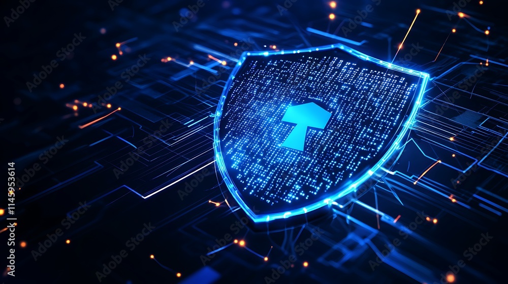 Poster digital shield graphic representing cybersecurity and data protection in a technological environment