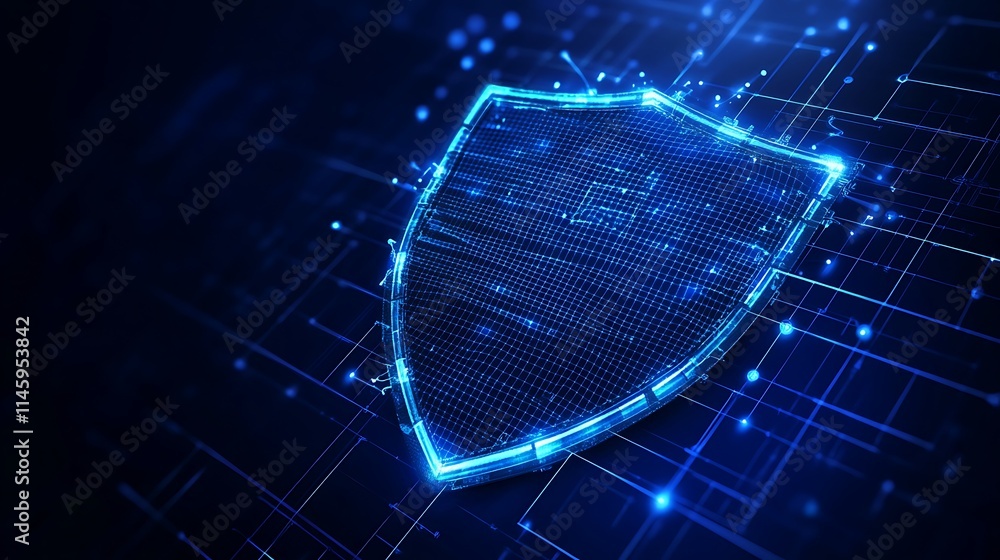 Poster digital shield icon on a futuristic background with blue tech elements and data connections