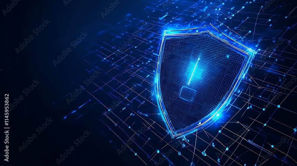Poster digital shield icon in futuristic cybersecurity concept with glowing lines and data background