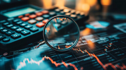 Exploring financial trends through a magnifying glass on stock charts with calculator in modern workspace