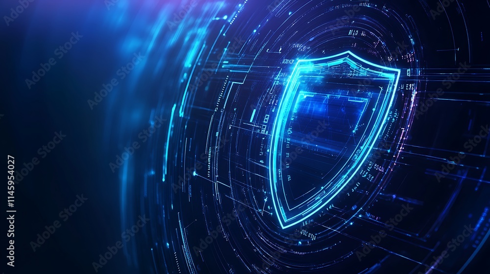 Aufkleber digital shield icon representing cyber security and protection in a futuristic abstract background