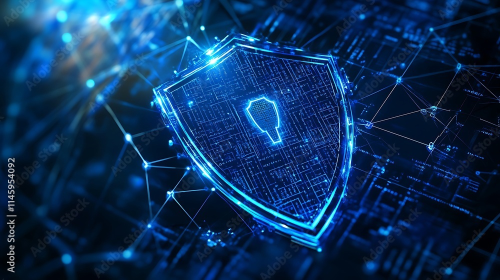 Poster digital shield icon representing cybersecurity and data protection concept in a technological settin
