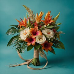 A tropical-inspired bouquet of exotic flowers and greenery tied with a raffia ribbon on a turquoise backdrop.