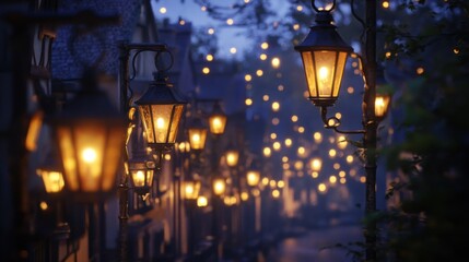 Beautiful street lanterns illuminated at night, casting a warm glow.