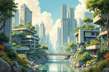 Fototapeta premium Futuristic green city with lush vegetation and canal running through