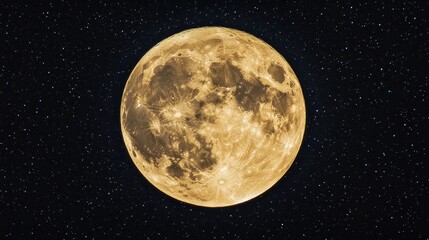 A radiant full moon glowing in a deep midnight sky, surrounded by twinkling stars. Its light casts a silvery glow over a quiet forest below.