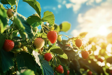 Ripe strawberries basking in golden hour light on a tranquil strawberry farm under a bright blue sky