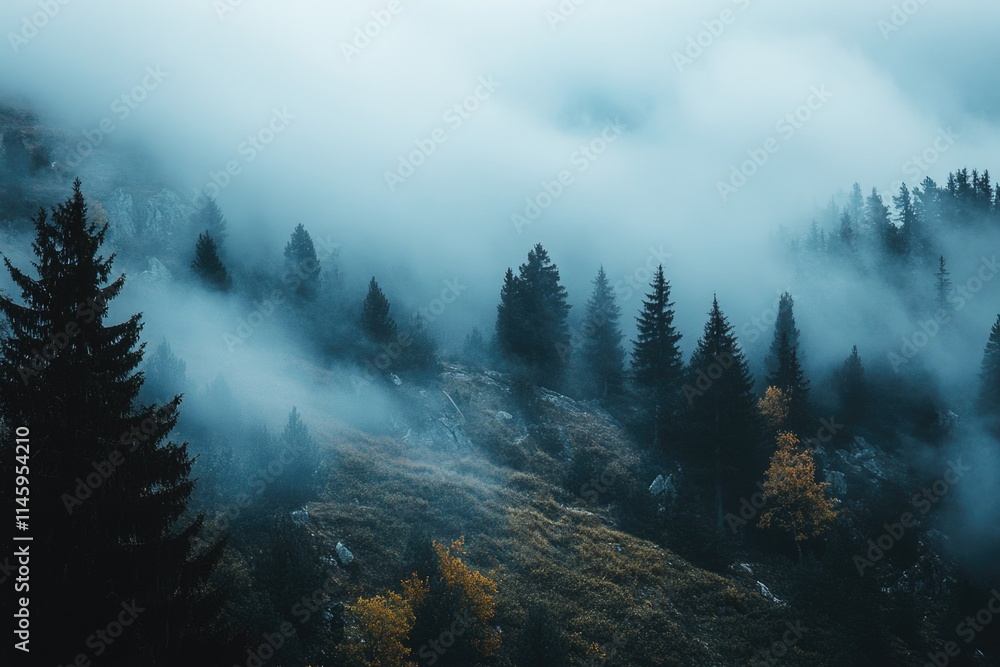 Poster mountain scenery with dense pine trees in front of thick fog, suitable for use as background image o