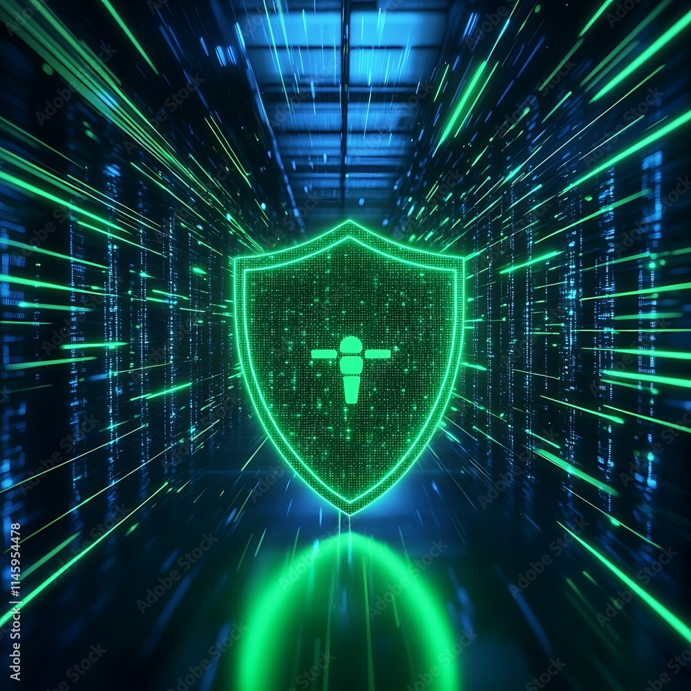 Aufkleber digital shield icon representing cybersecurity protection in a futuristic data center environment