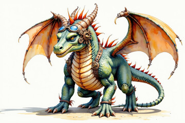 Green steampunk dragon wearing goggles and armor standing