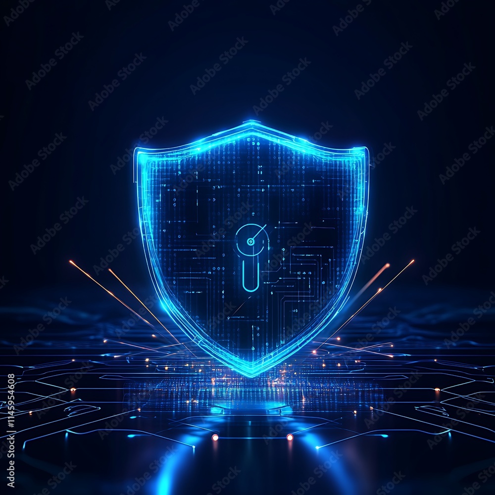 Poster digital shield icon representing cybersecurity with data protection and technology elements