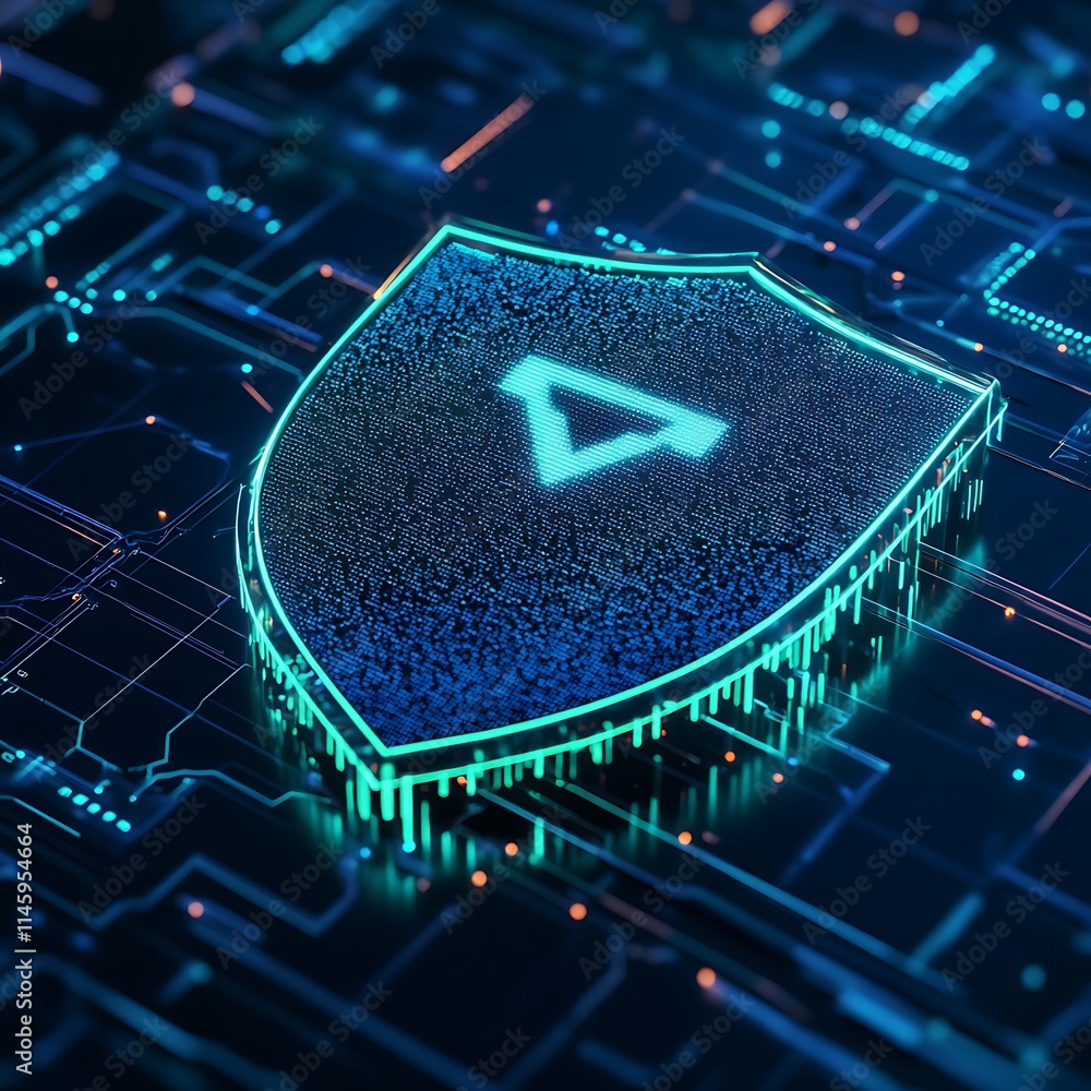 Poster digital shield icon representing online security and cyber protection with futuristic circuit backgr
