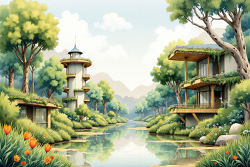 Fototapeta premium Modern green buildings reflecting on the water of a river surrounded by trees
