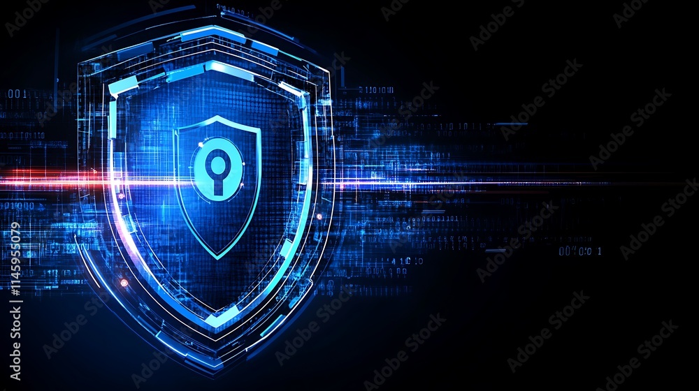 Poster digital shield illustration representing data protection and cybersecurity in modern technology envi