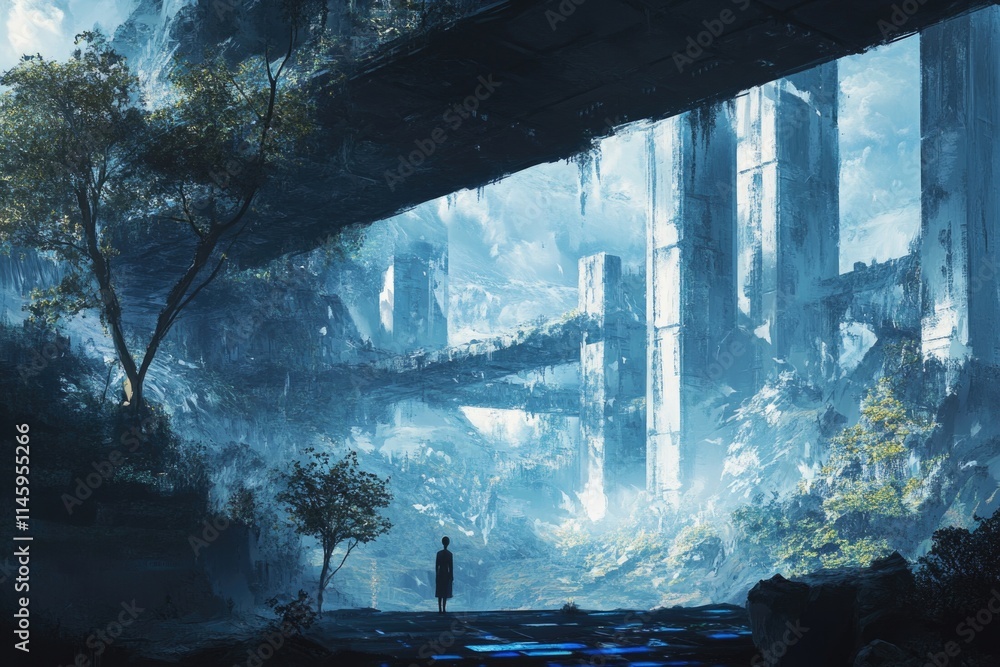 Poster a person standing beneath a bridge surrounded by trees and foliage, with natural light filtering thr