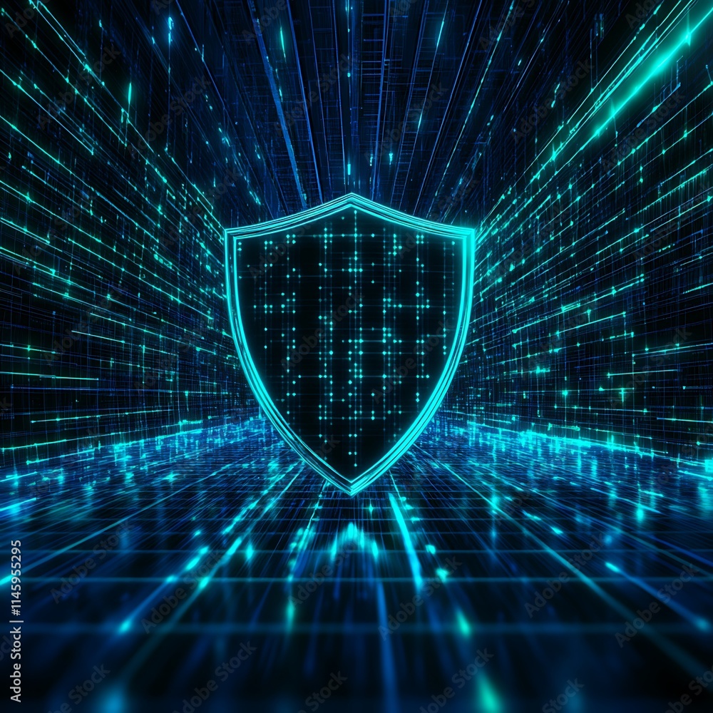 Poster digital shield on futuristic background representing cyber security and data protection concept