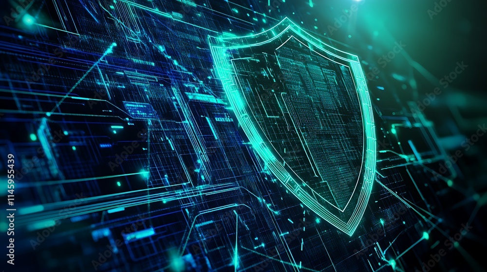 Poster digital shield protection concept with futuristic technology background and glowing data lines
