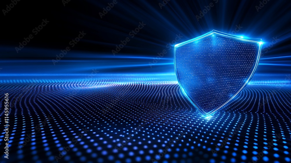Aufkleber digital shield representation with blue neon glow on abstract background for security and protection