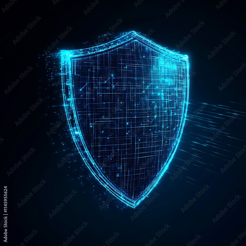 Poster digital shield representation with sparkling effect for cybersecurity and protection themes