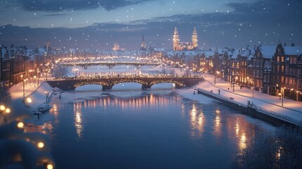 Fototapeta premium A serene river winding through a snow-covered city, bridges adorned with fairy lights connecting the icy banks