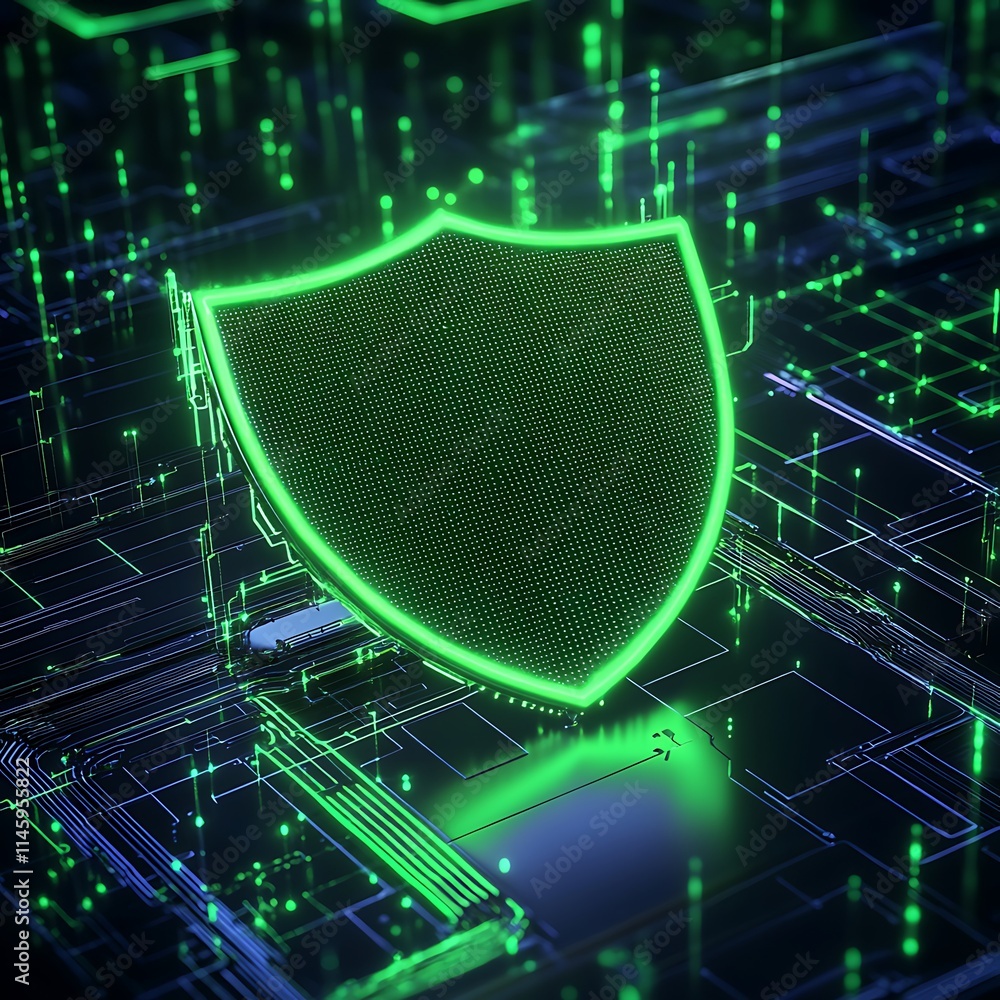 Poster digital shield symbol glowing in neon green against a futuristic circuit board background for cybers