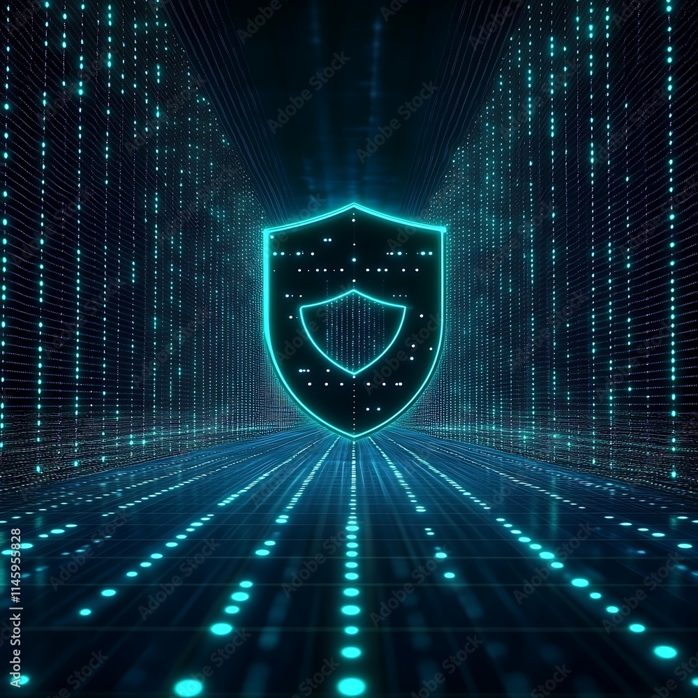Poster digital shield symbol in futuristic data environment with neon lines and matrix style background