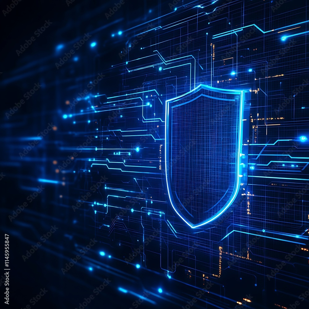 Poster digital shield symbol on a colorful circuit background representing cybersecurity and protection