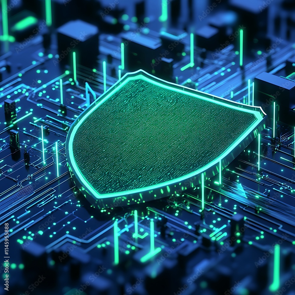 Poster digital shield symbol on a high-tech circuit board background showcasing cybersecurity and protectio