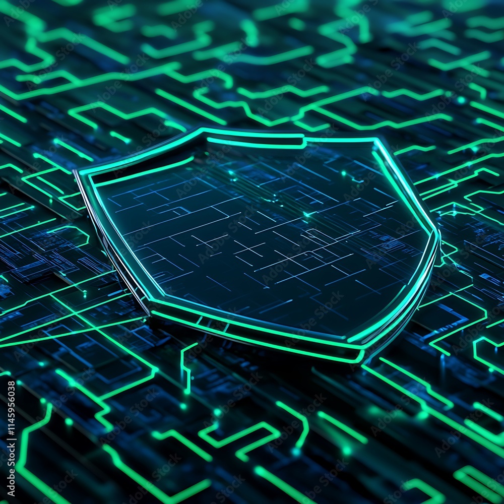 Poster digital shield symbol on futuristic background representing cybersecurity and data protection concep