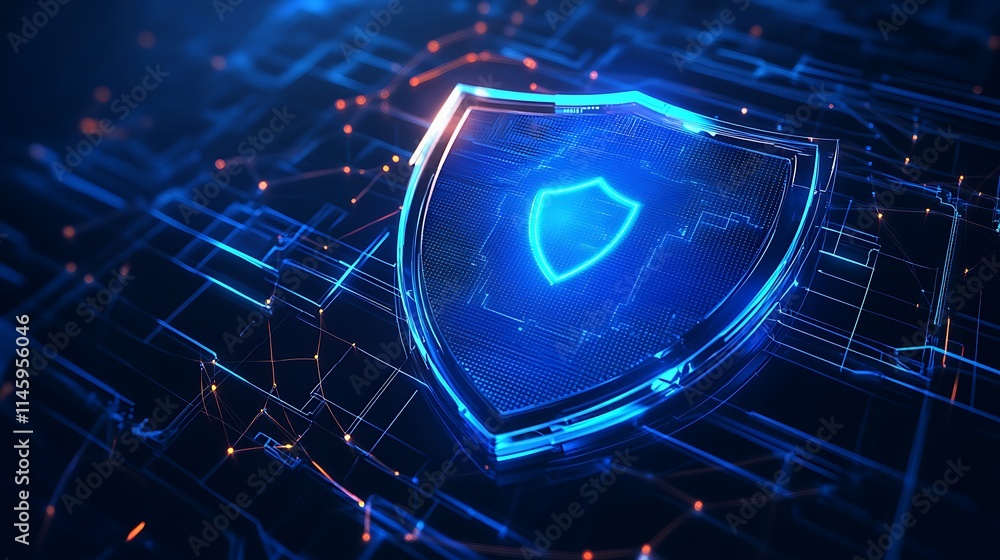 Poster digital shield symbol on futuristic background representing cybersecurity and data protection concep