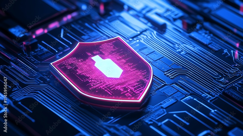 Poster digital shield symbol on circuit board background representing cybersecurity and data protection con