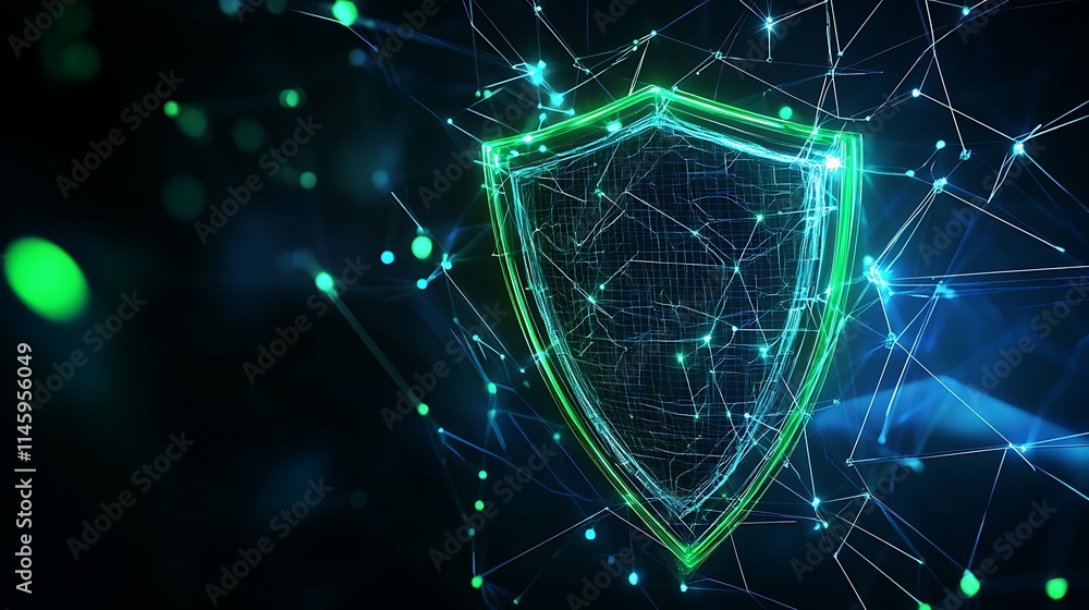 Poster digital shield symbol representing cyber security and data protection in modern technology environme
