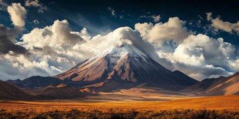 Fototapeta premium Cloudy scene featuring the Licancabur volcano, showcasing the majestic beauty of the volcano amidst the clouds, adding a mystical element to this striking volcanic landscape.
