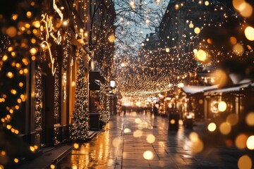 Enchanting Evening Scene of a Christmas Street Decorated with Fairy Lights, Festive Trees, and a Magical Atmosphere Filled with Warmth and Joy