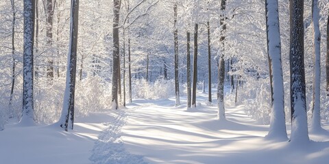 A snowy winter forest showcases trees blanketed in white, creating a serene and tranquil winter landscape full of snow covered trees.