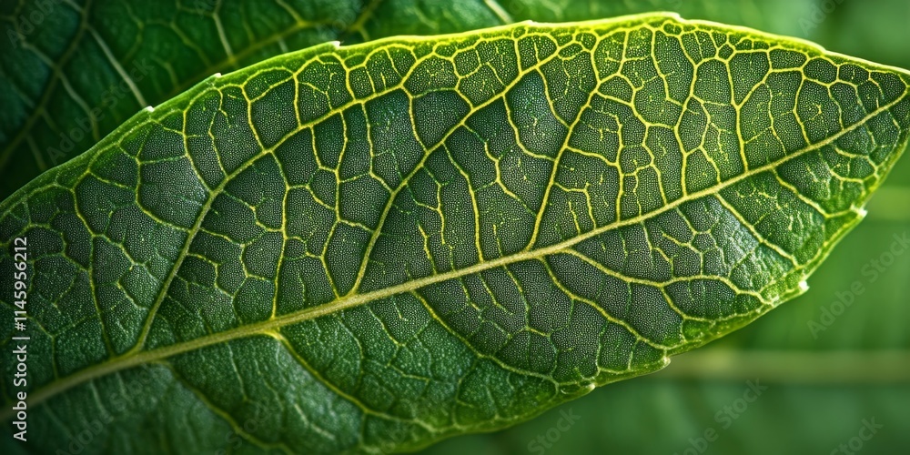 Poster close up view showcasing the intricate texture of a green leaf, highlighting the unique patterns and