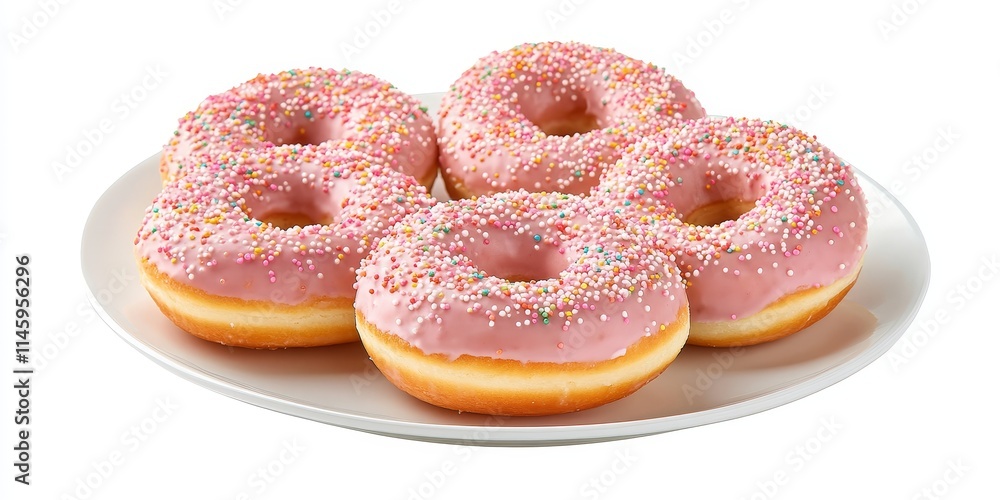 Poster doughnuts arranged on a plate against an isolated white background create a visually appealing displ