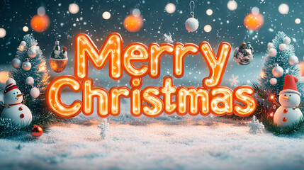 Merry Christmas Lights Sign with Snowman and Christmas Tree