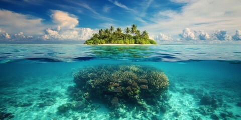 Fototapeta premium Stunning underwater scene showcasing a solitary small island both above and below the water surface in vibrant turquoise waters of a tropical ocean. Experience the beauty of this mesmerizing island.