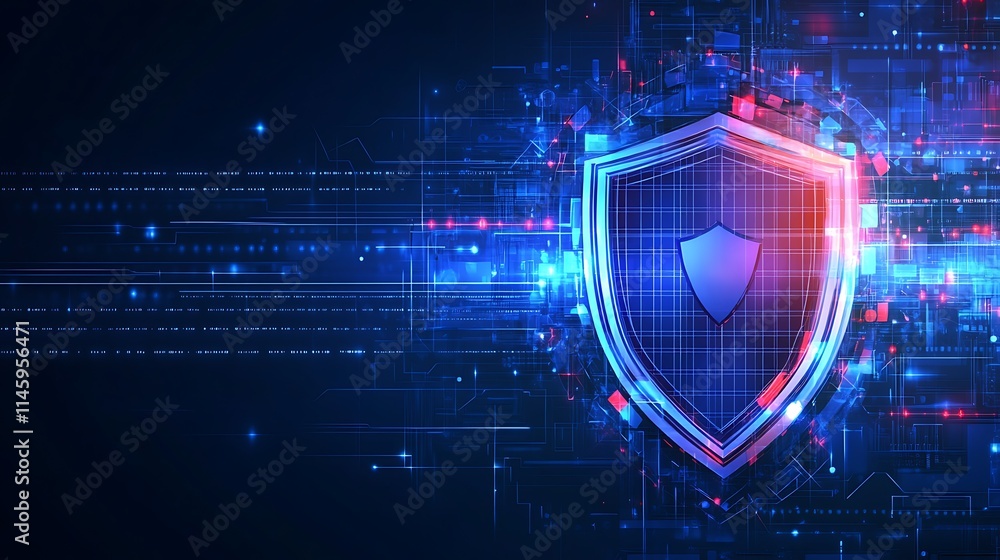 Poster digital shield symbol representing cybersecurity protection with advanced technology background elem