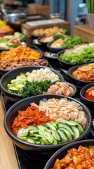 Obraz premium Delectable Korean Buffet: A Visual Feast of Kimchi, Rice, and Fresh Vegetables