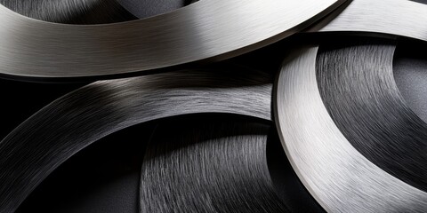 Close up view of luxurious metal featuring anodized silver and black finishes, showcasing an elegant and refined combination of colors and textures.