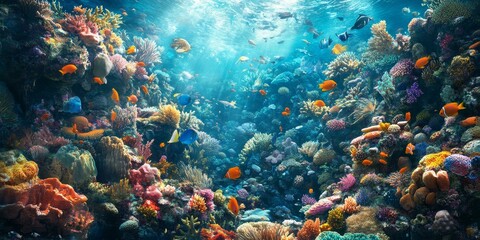 A vivid close up view showcases a lively coral reef filled with a variety of marine life, highlighting the rich biodiversity and dynamic ecosystem present in the reef environment.