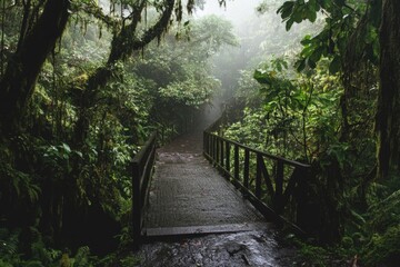 A wooden bridge spans across a dense, vibrant green forest, ideal for nature and outdoor scenes