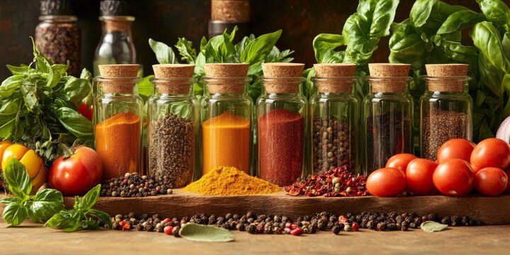 Glass bottle filled with spices alongside vibrant vegetables arranged on a cutting board, highlighting the beauty of culinary ingredients and the essence of cooking with spices.