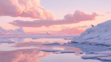 Fototapeta premium Polar Bear at Sunset: A majestic polar bear stands on a snow-covered iceberg, silhouetted against a breathtaking sunset reflecting in the icy water. Serene beauty of Arctic landscape. 