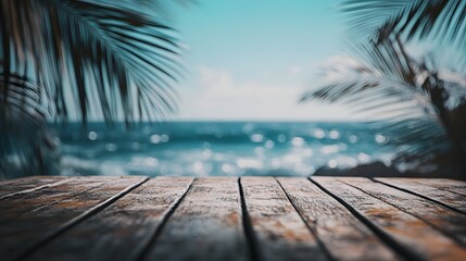 Fototapeta premium Wooden Tabletop Overlooking a Tropical Ocean Scene